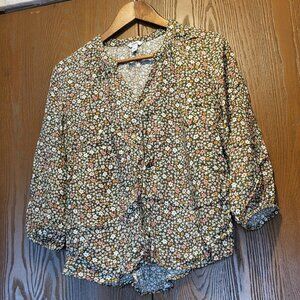 Olive floral print top with buttons